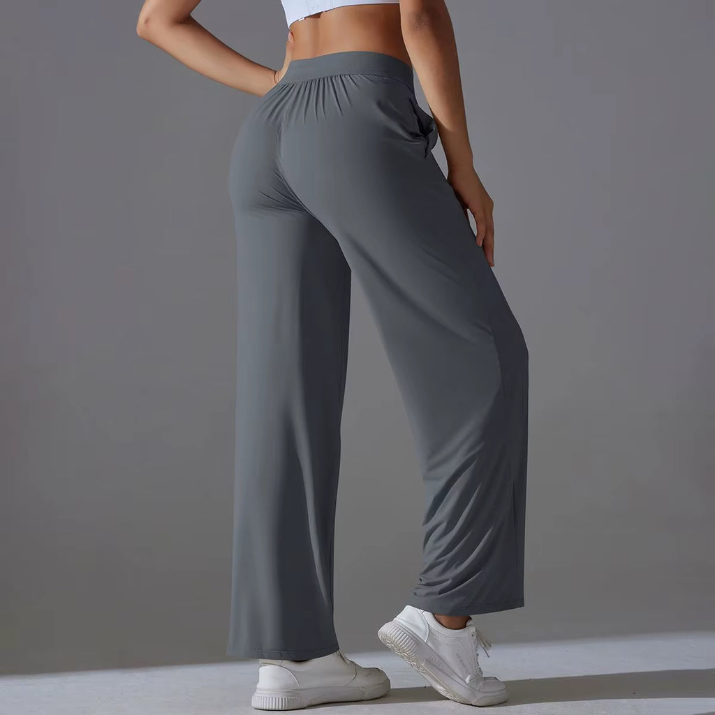 Women Solid Wide Leg Yoga Pants High Waist Elastic Waist Joggers Casual Loose Lounge Sweatpants Pocket Quick Dry Four-Way