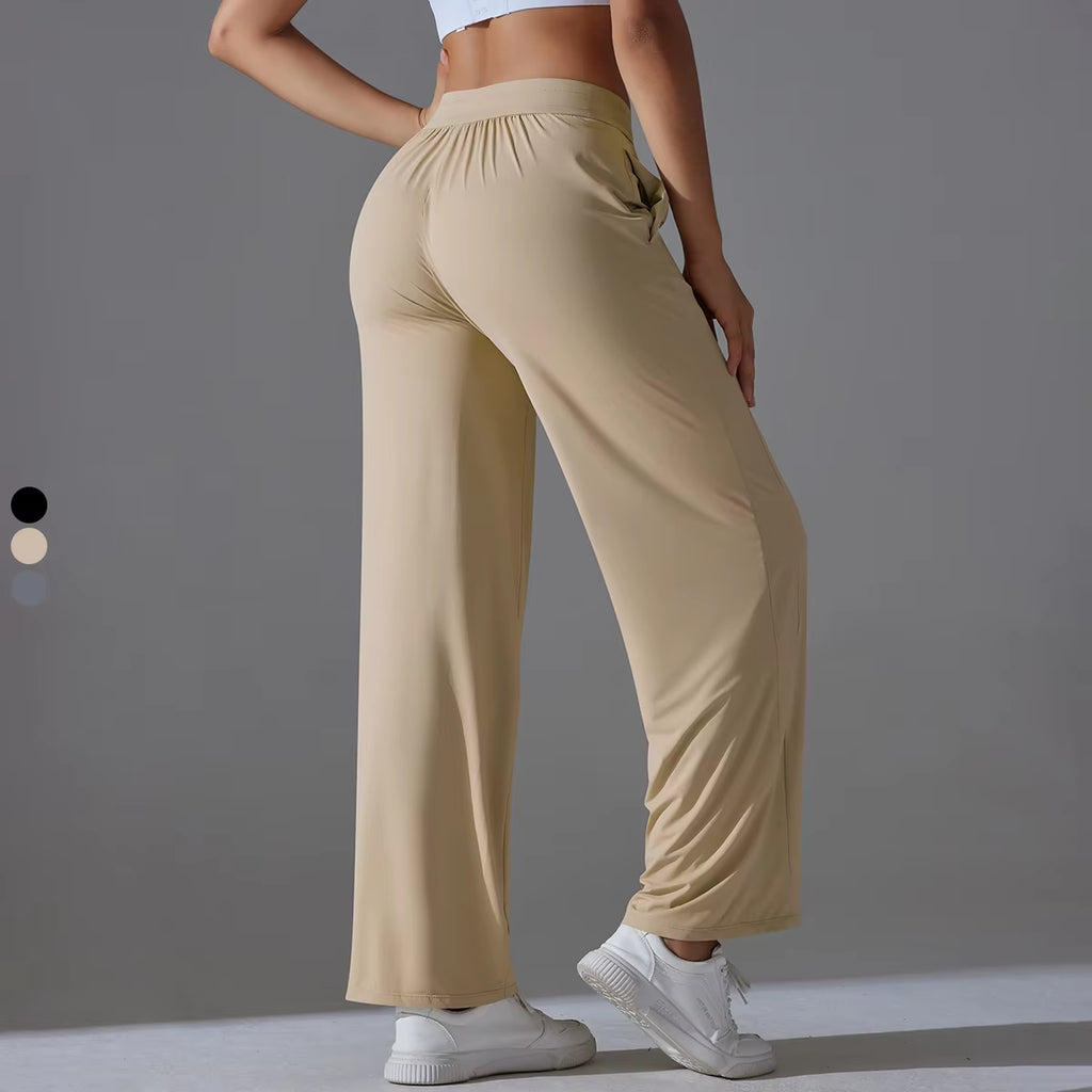 Women Solid Wide Leg Yoga Pants High Waist Elastic Waist Joggers Casual Loose Lounge Sweatpants Pocket Quick Dry Four-Way