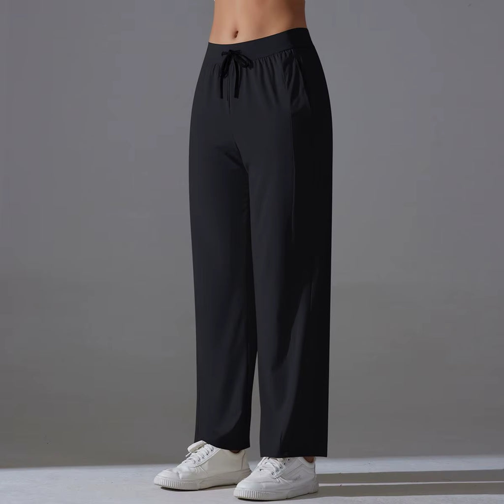 Women Solid Wide Leg Yoga Pants High Waist Elastic Waist Joggers Casual Loose Lounge Sweatpants Pocket Quick Dry Four-Way