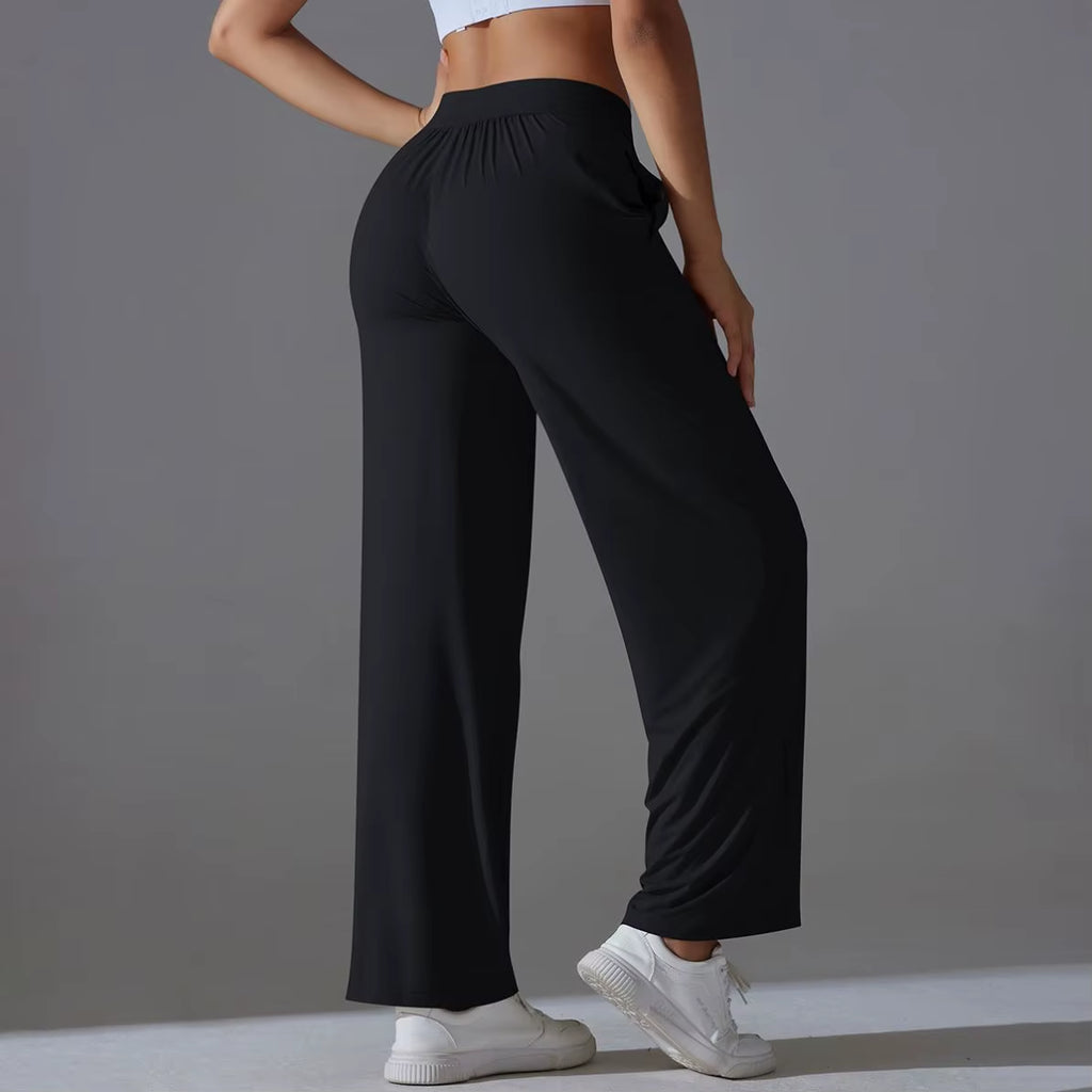 Women Solid Wide Leg Yoga Pants High Waist Elastic Waist Joggers Casual Loose Lounge Sweatpants Pocket Quick Dry Four-Way