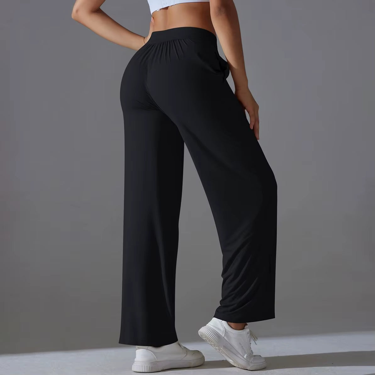Women Solid Wide Leg Yoga Pants High Waist Elastic Waist Joggers Casual Loose Lounge Sweatpants Pocket Quick Dry Four-Way